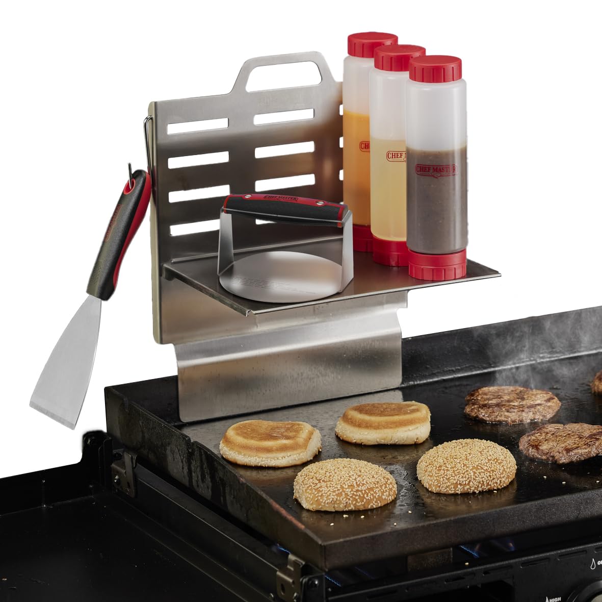 Chef Master adjustable BBQ griddle shelf mounted on grill for easy access