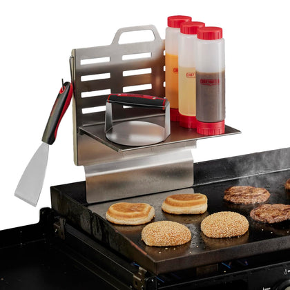 Chef Master adjustable BBQ griddle shelf mounted on grill for easy access