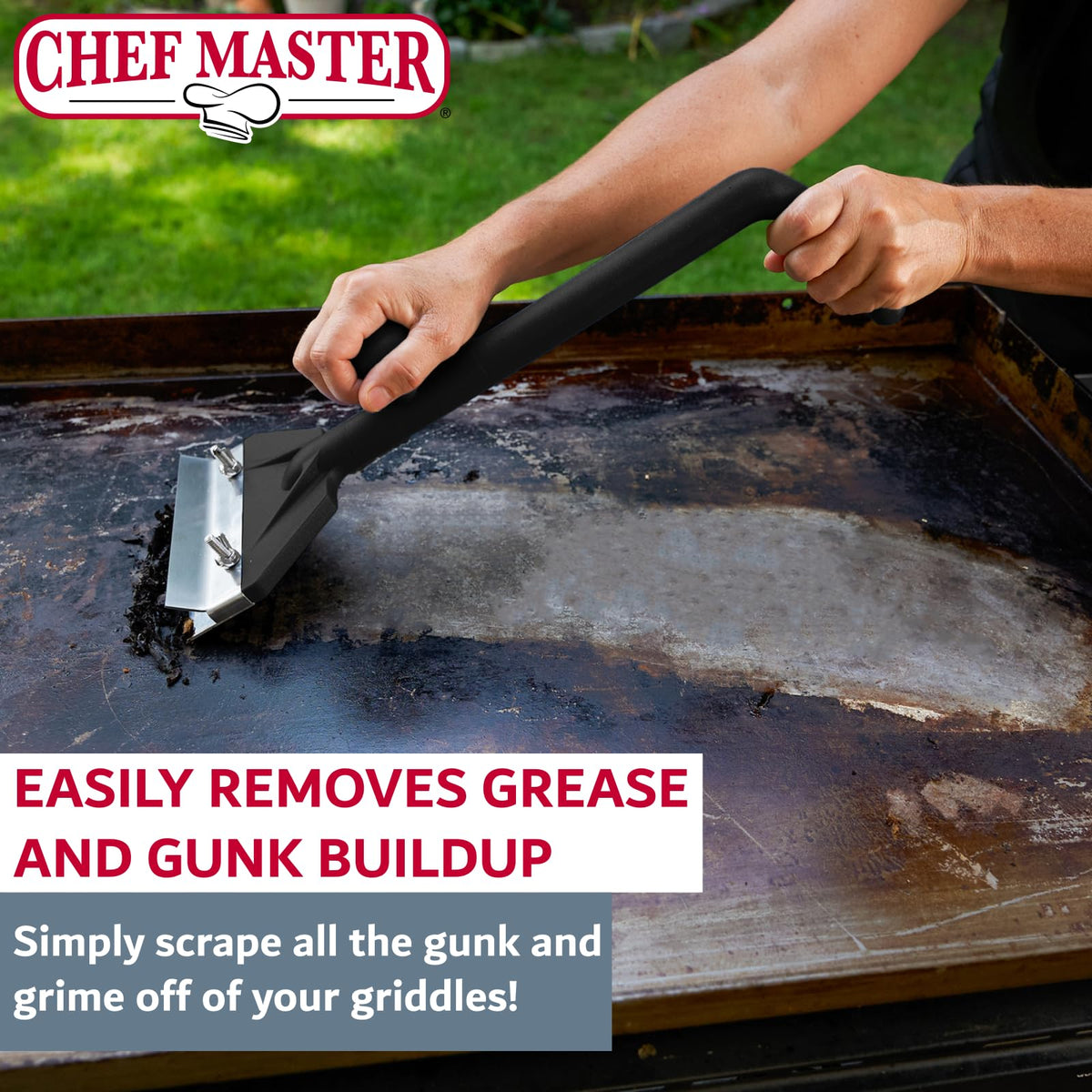 Chef Master flat-top grill cleaner highlighting durable stainless steel for daily use