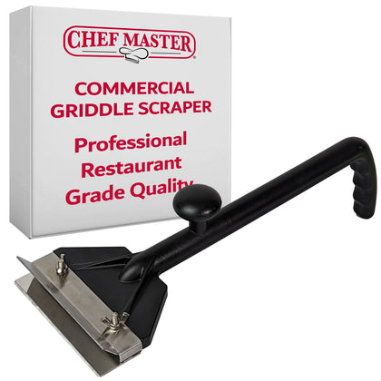 Chef Master griddle scraper tool showing tough residue removal on a hot griddle