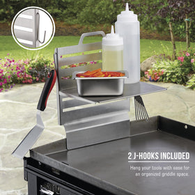 Chef Master grill caddy attached to grill keeping utensils within reach