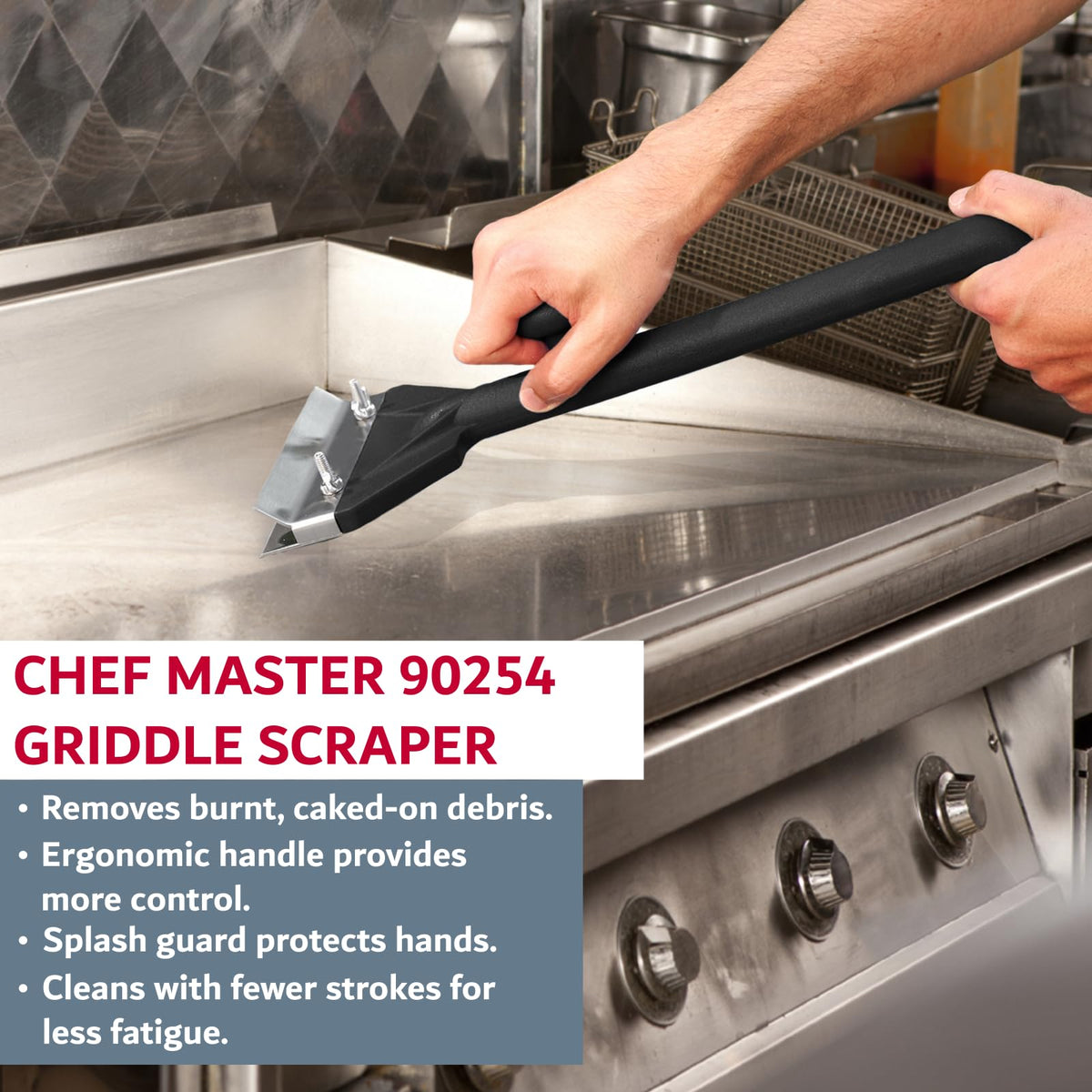 Chef Master long-handle scraper keeping hands away from heat during cleaning