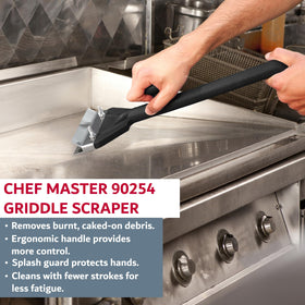 Chef Master long-handle scraper keeping hands away from heat during cleaning