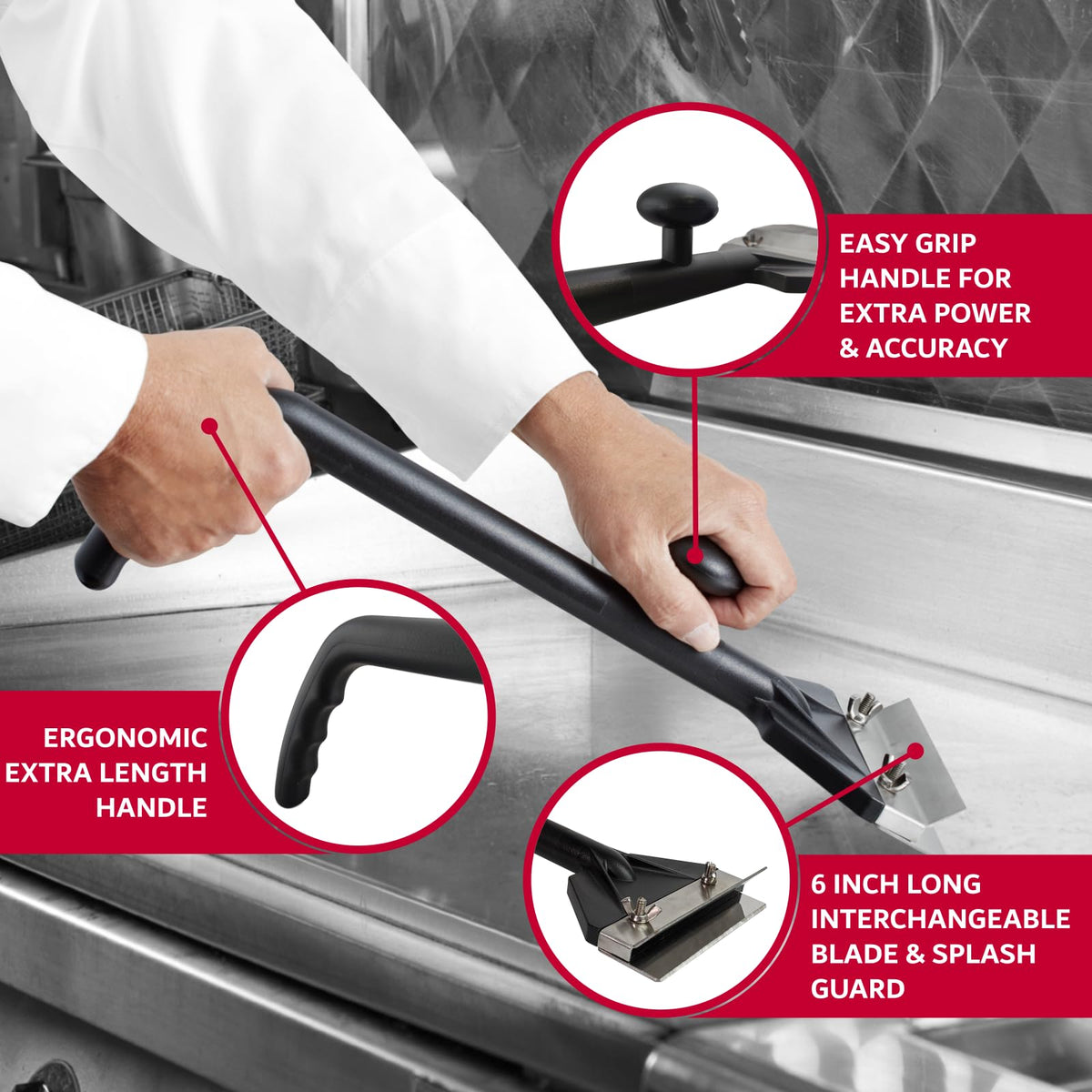 Chef Master stainless-steel scraper shown in action reducing grease quickly