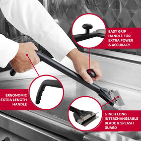 Chef Master stainless-steel scraper shown in action reducing grease quickly