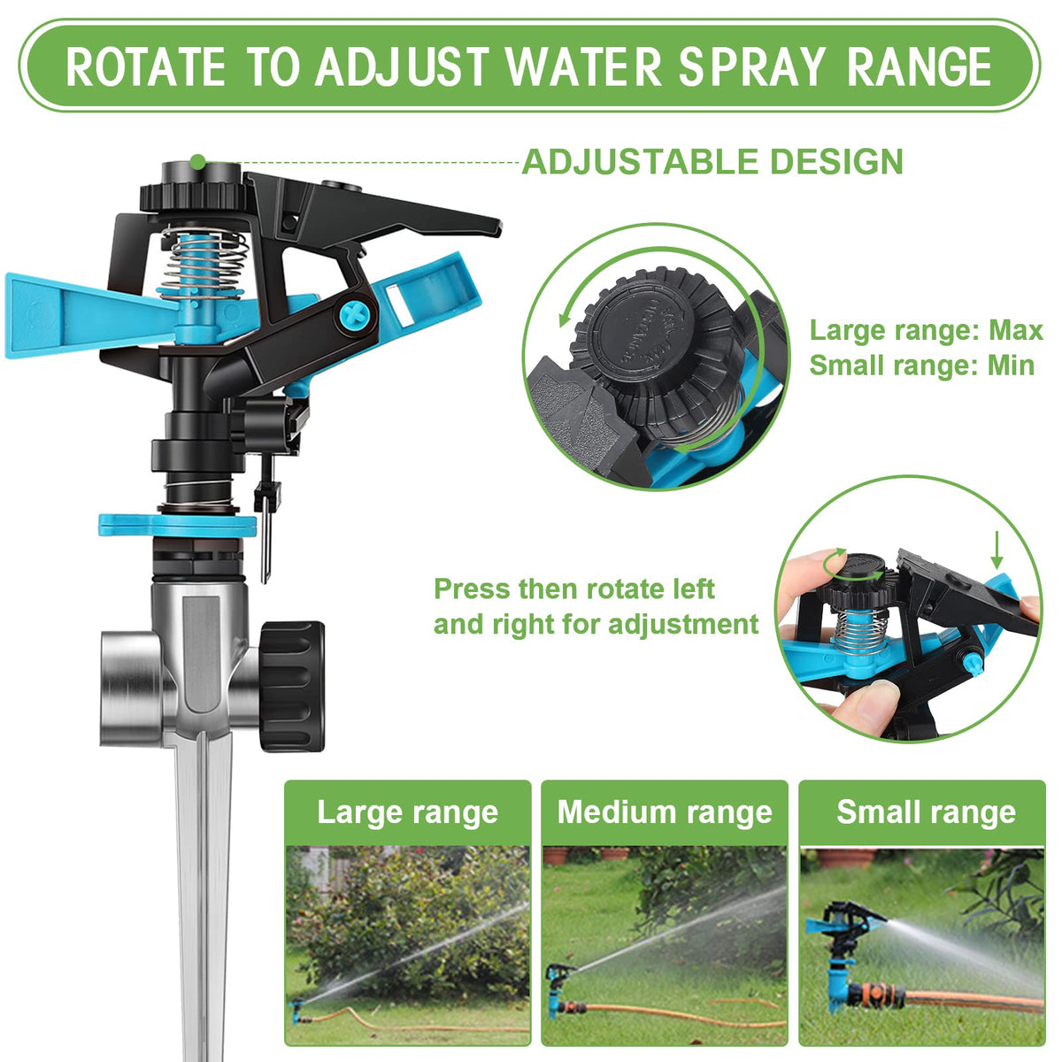 CHENGU 360° sprinkler securely inserts into ground for stable operation.