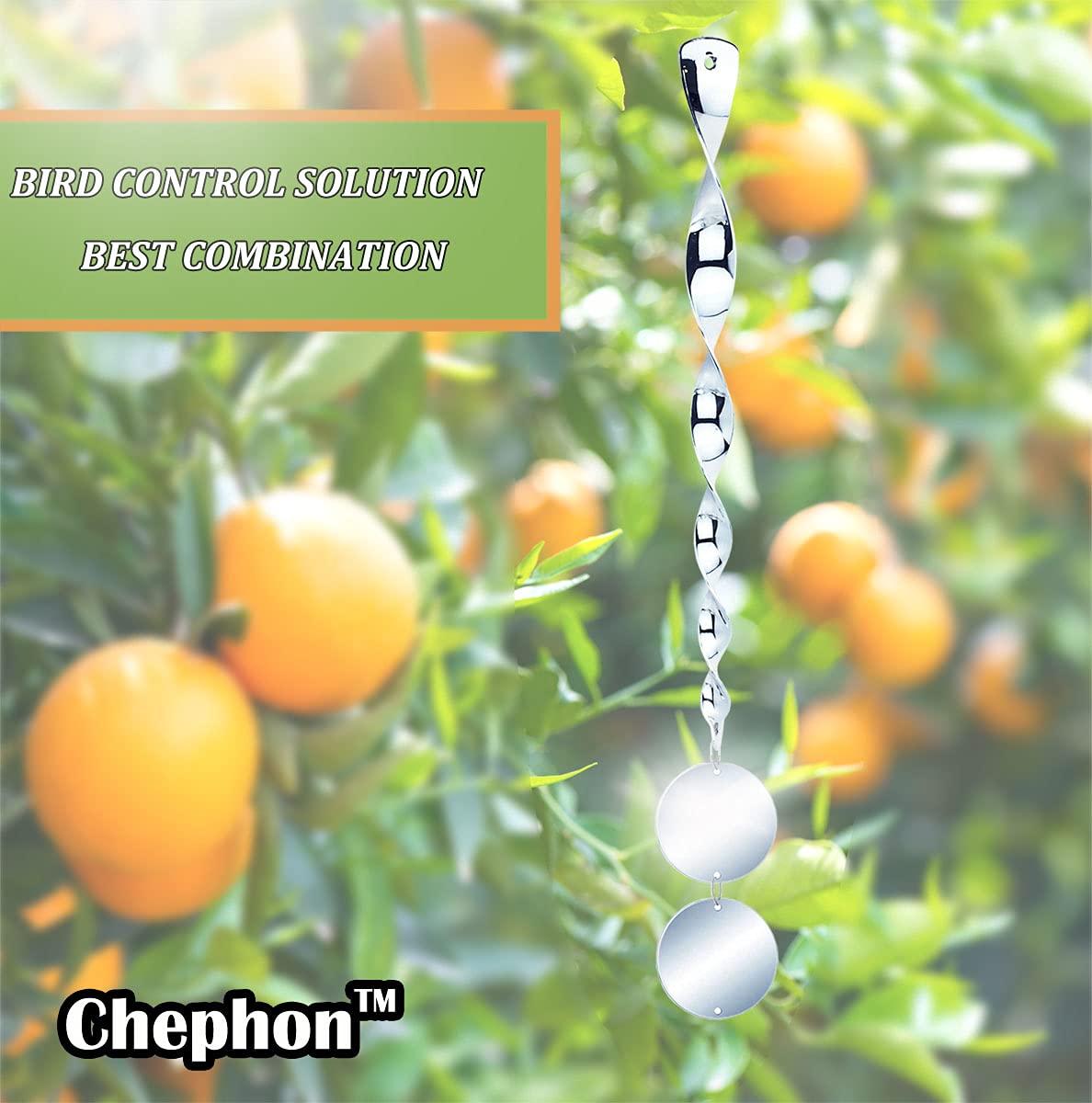 Chephon twisting rods create moving reflections to deter birds outdoors.