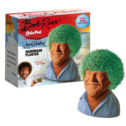Chia Bob Ross blue shirt planter on display ready to sprout lush greenery.