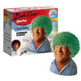 Chia Bob Ross blue shirt planter on display ready to sprout lush greenery.