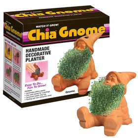 Chia Gnome planter with seed pack ready to grow a playful green coat on your shelf.