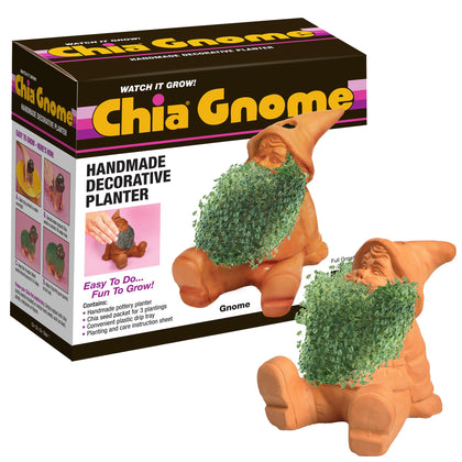 Chia Gnome planter with seed pack ready to grow a playful green coat on your shelf.