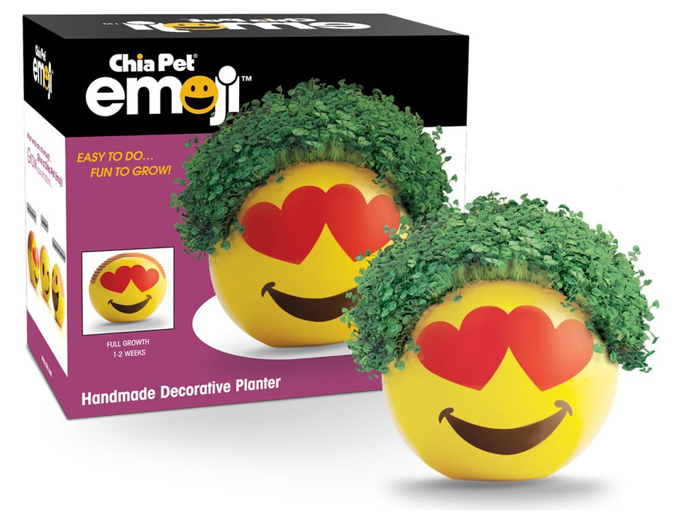 Chia Pet Emoji Heart Eyes planter ready for easy indoor sprouting.
