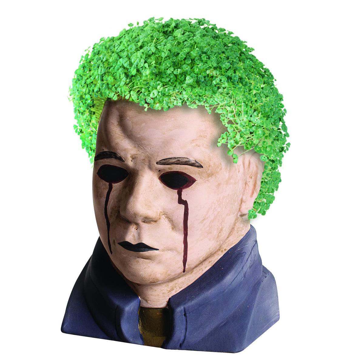 Chia Pet Michael Myers growth stage with green sprouts forming a fuzzy coat.