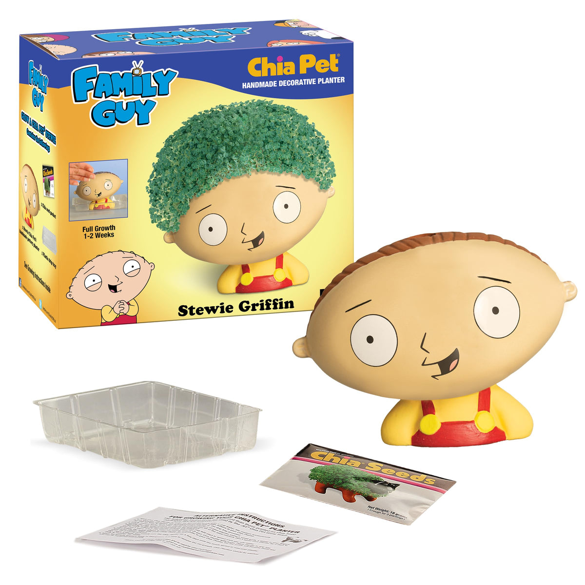 Chia Pet Stewie Griffin growth progress showing sprouts emerging