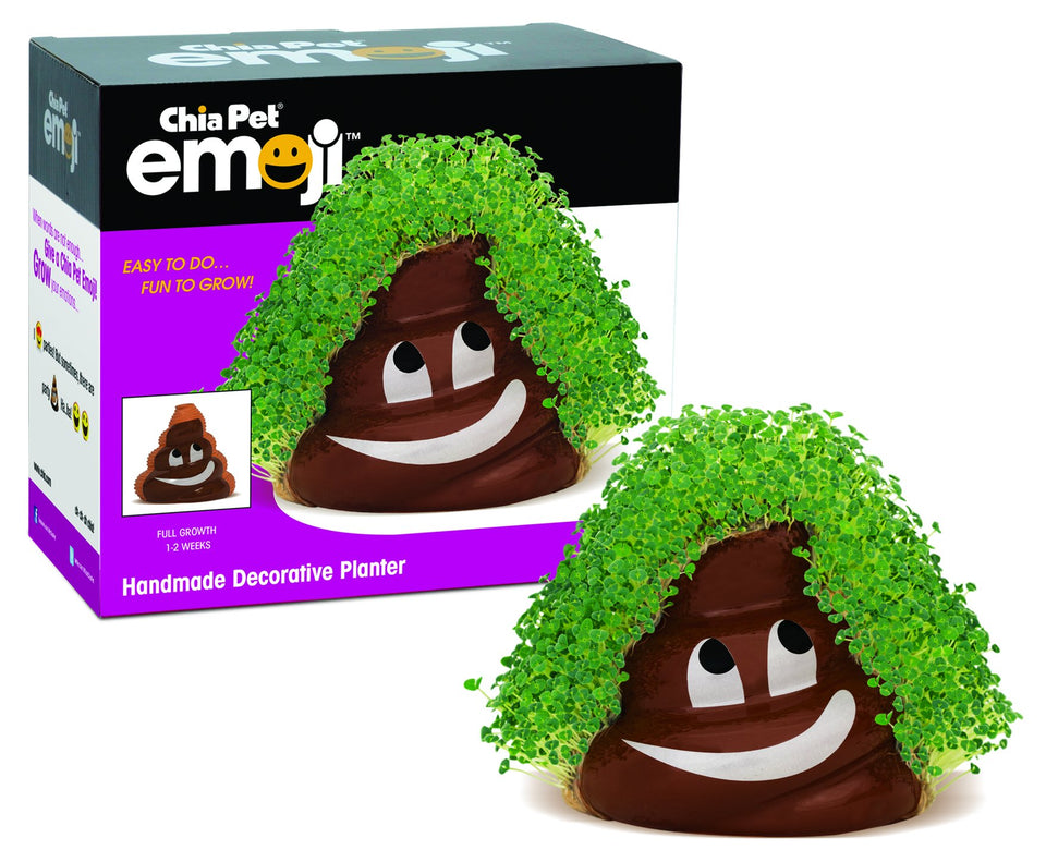 Chia Poopy Emoji planter front view for playful decor and easy-growing chia art