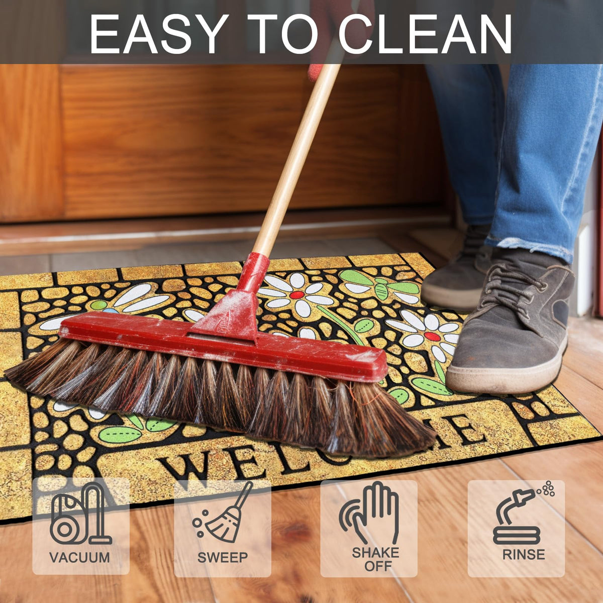 CHICHIC easy-clean mat supports quick cleaning with sweep, vacuum, or hose
