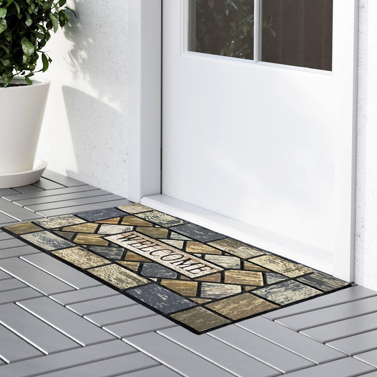 CHICHIC rubber-backed non-slip mat provides secure footing on outdoor entryways.