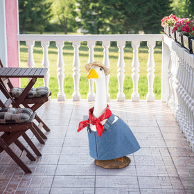 Chicingyou Garden goose display on lawn wearing the outfit