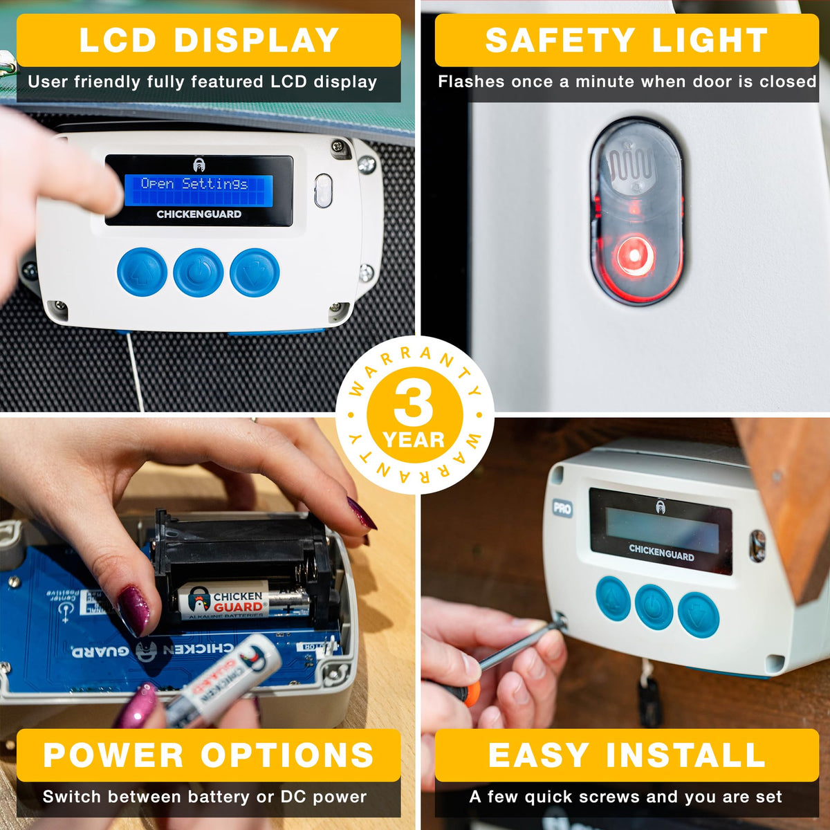 ChickenGuard dual-safe mode ensures reliable closing at sunset.