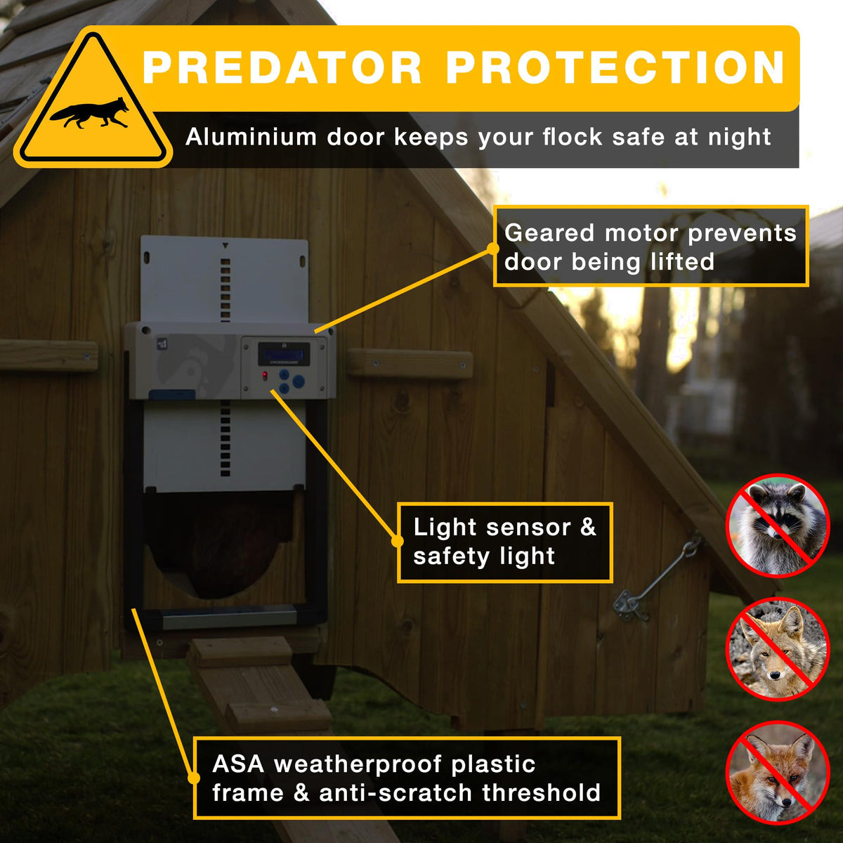ChickenGuard One auto-stop safety feature prevents pinching during door descent