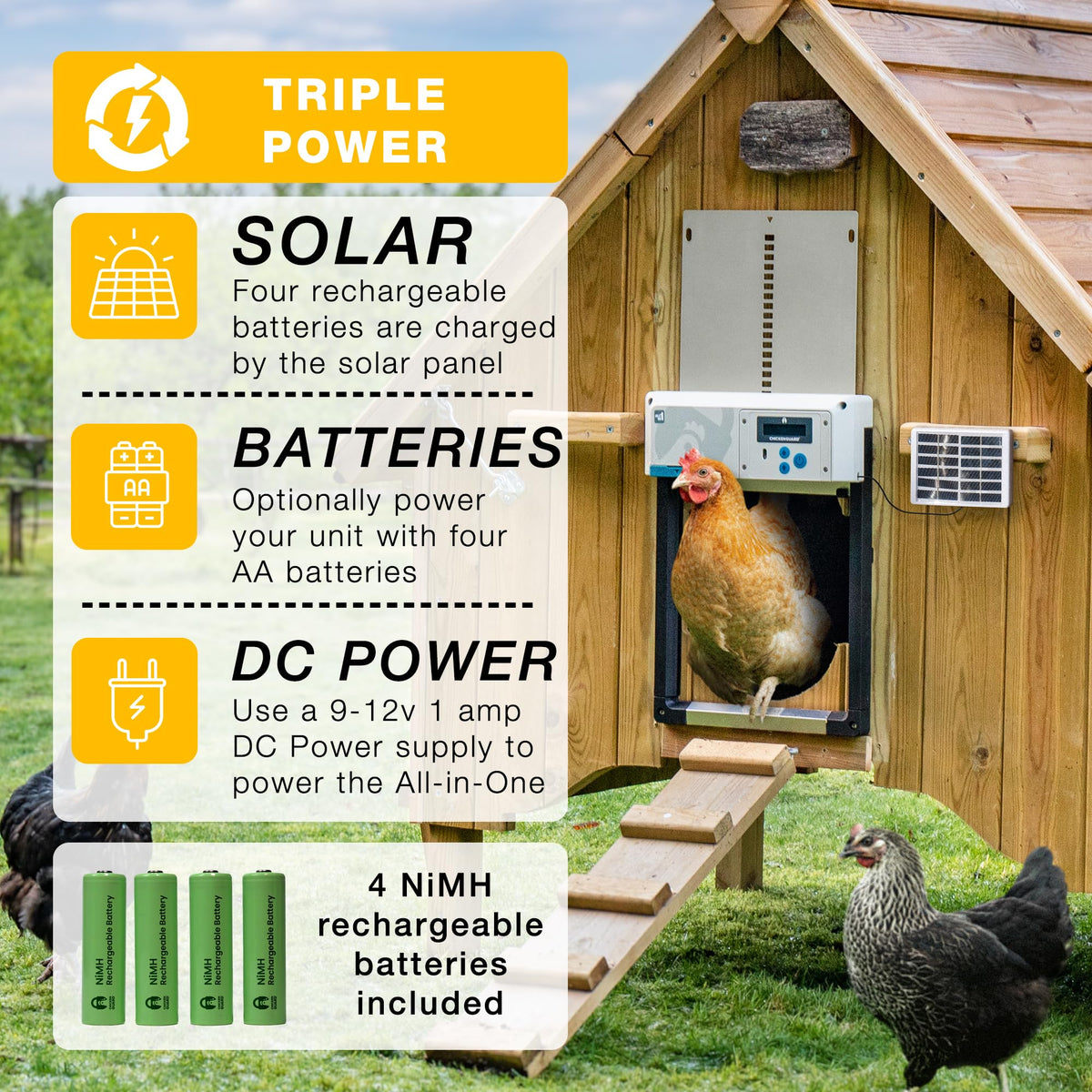 ChickenGuard One solar kit installed powering the door with eco-friendly energy