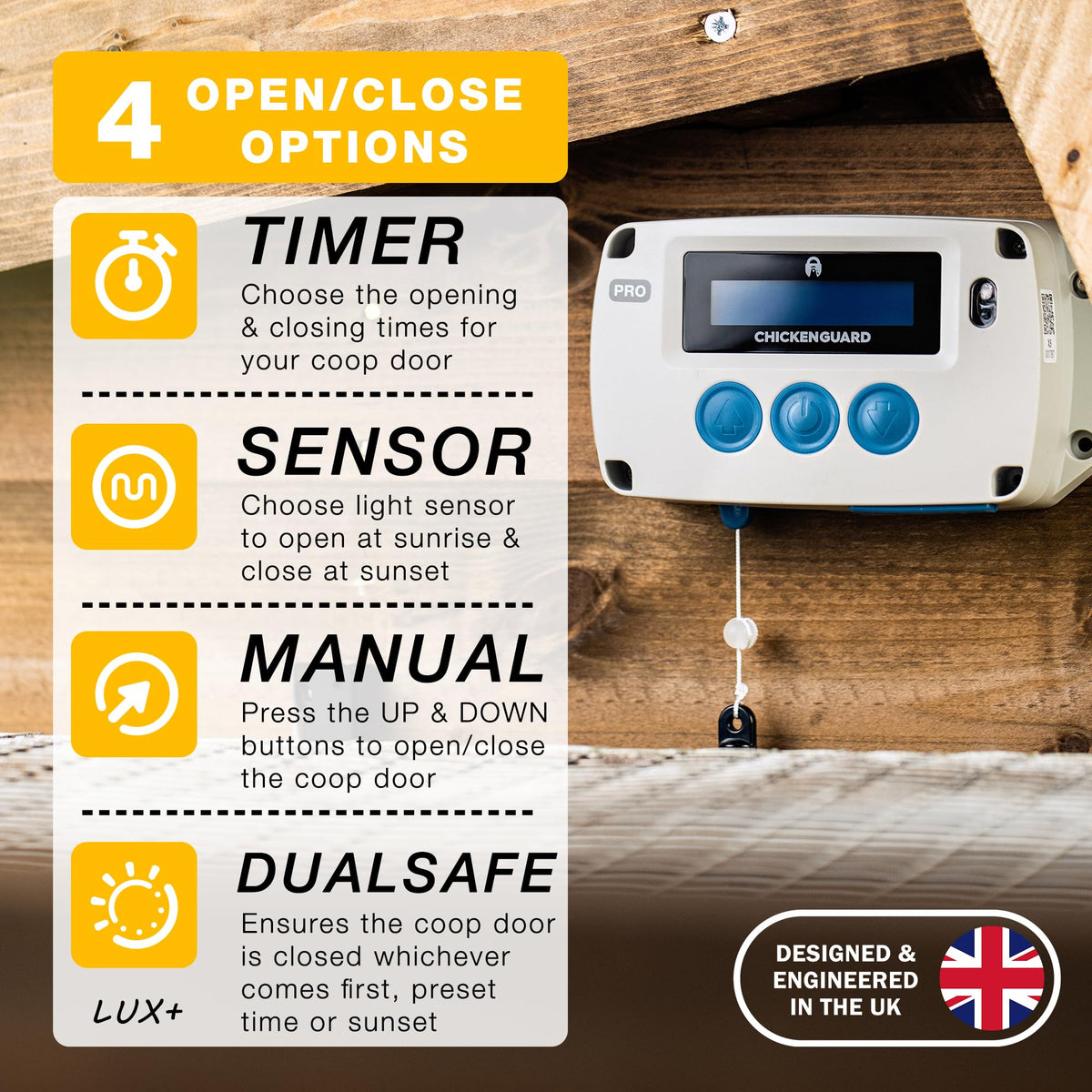 ChickenGuard solar panel kit powers the opener for off-grid operation.