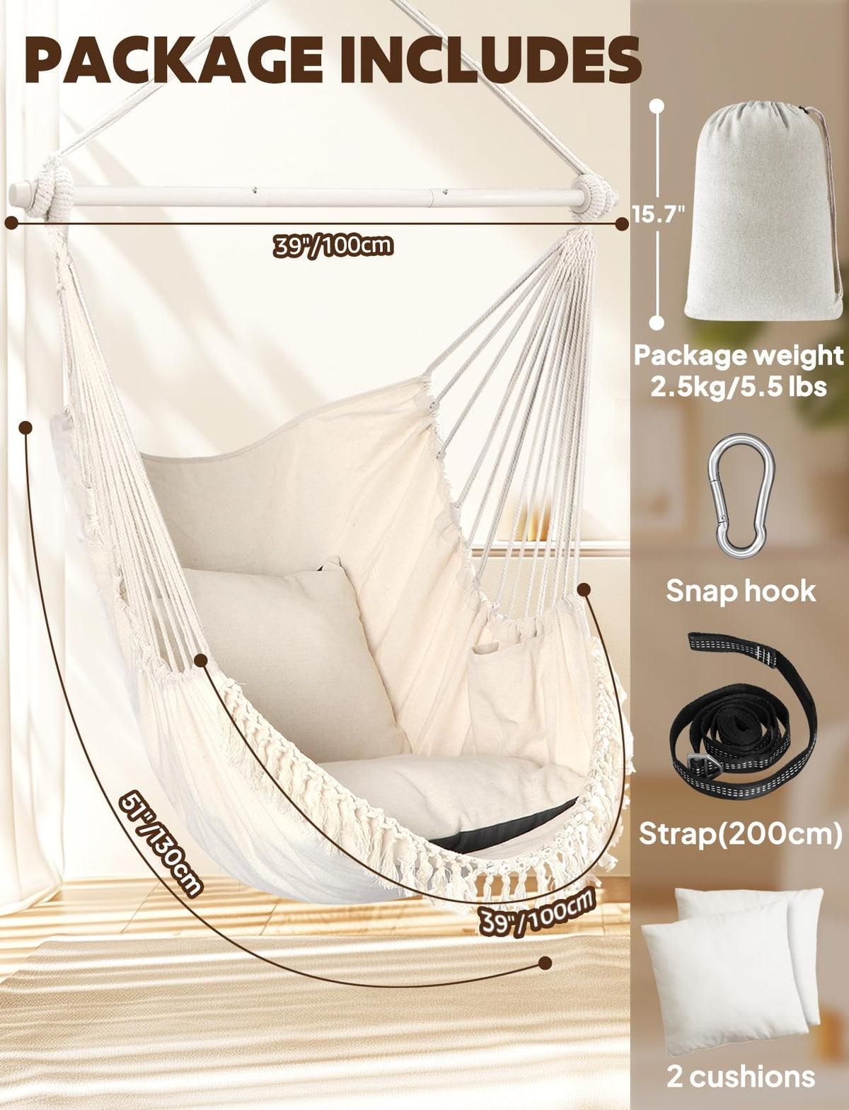 Chihee hammock chair supports up to 500 lbs for sturdy hanging.