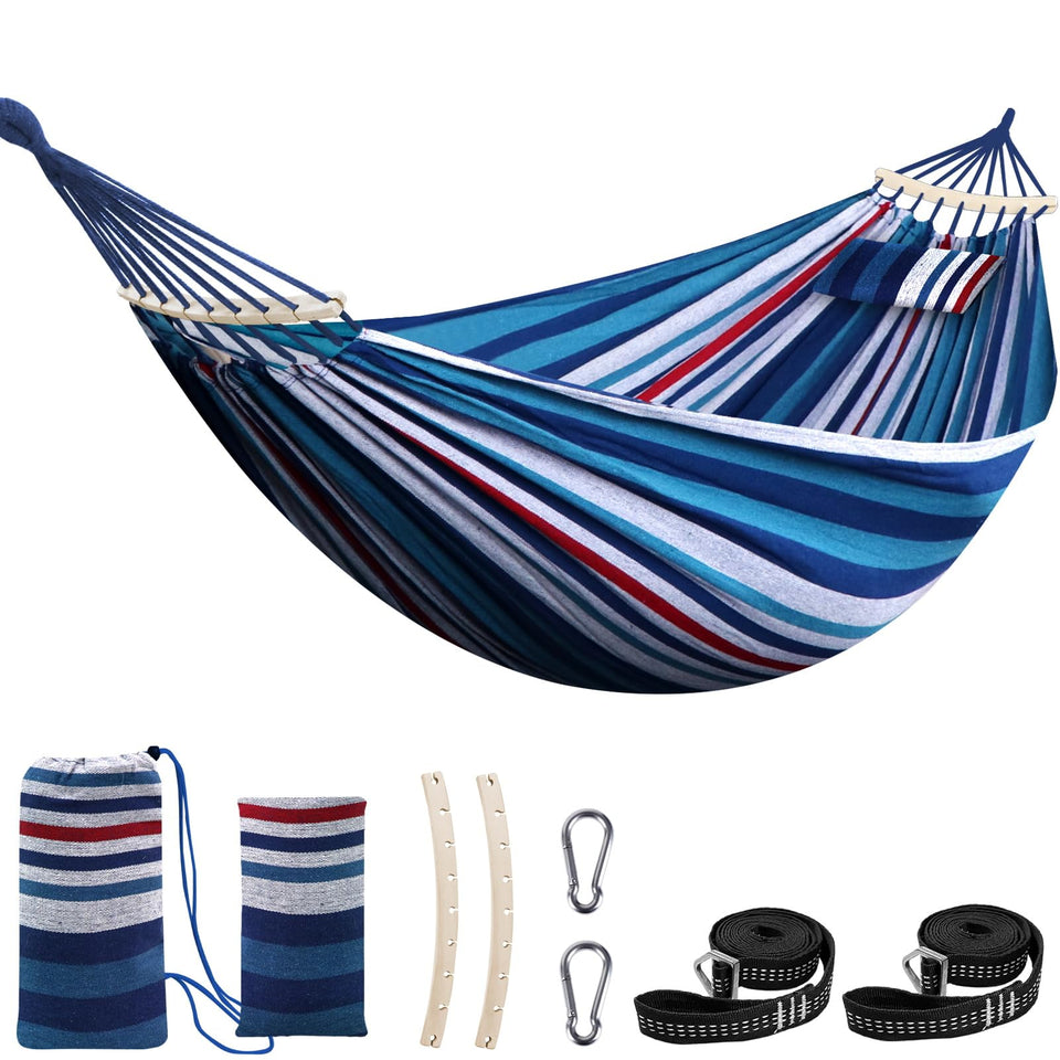 Chihee cotton hammock setup shows easy installation with detachable spreader bar for secure lounging.