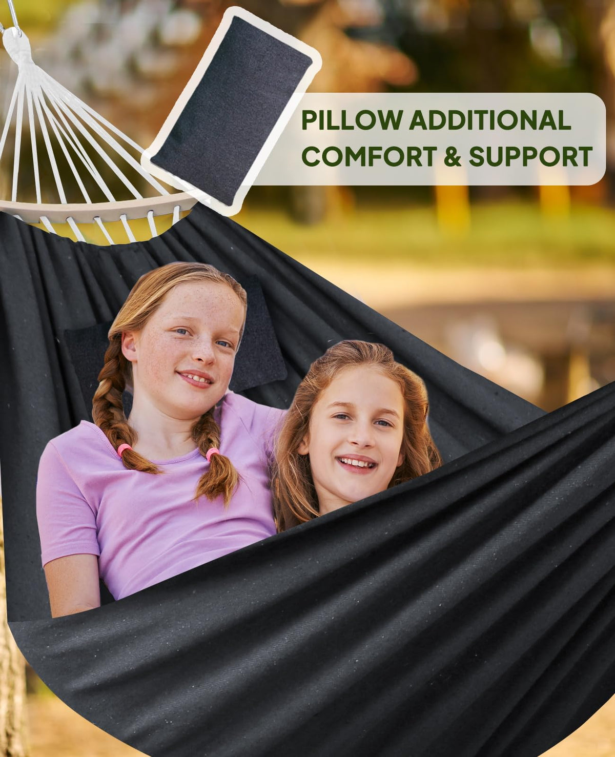 Chihee hammock with detachable-spreader-bar-pillow for neck support.