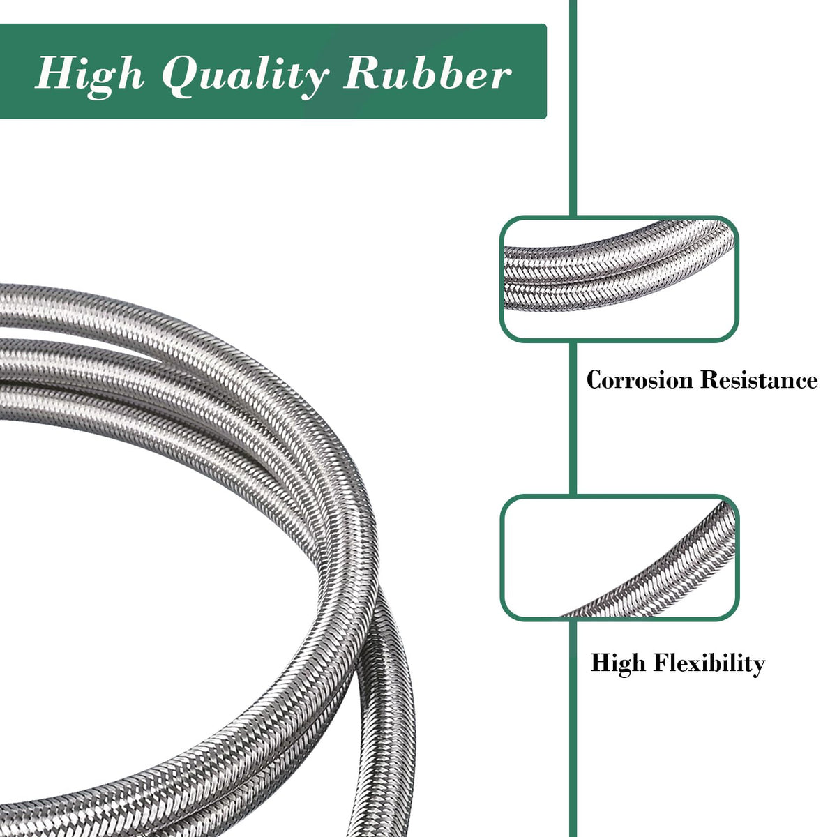 Stainless steel braided hose close-up highlights durable construction.
