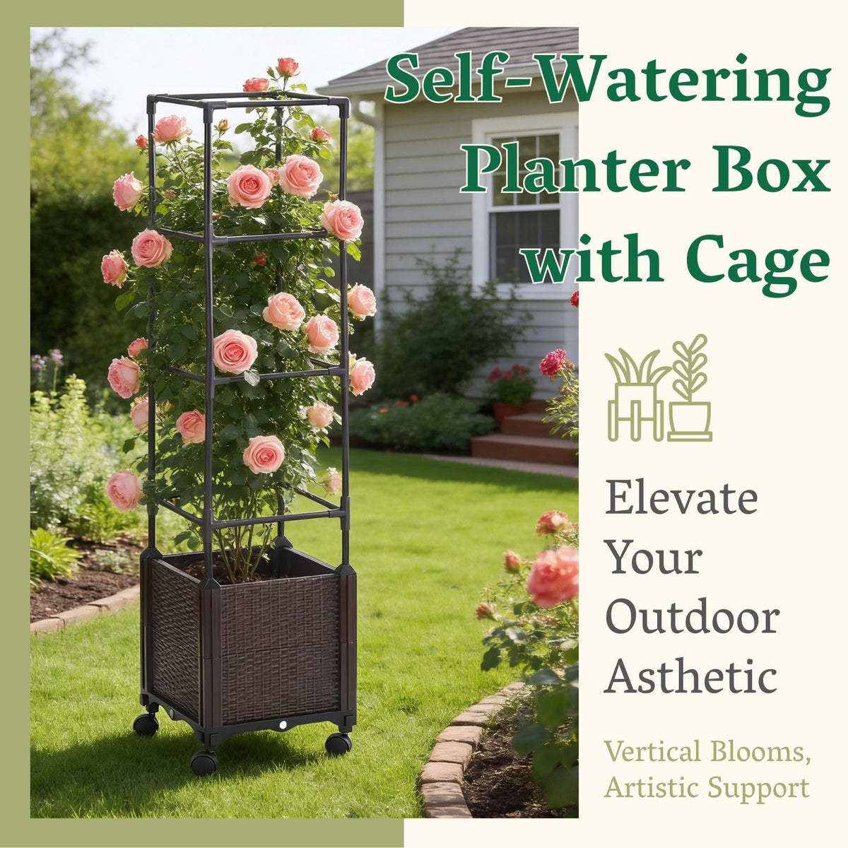Chirpartti planter box on wheels enables easy repositioning for sun.