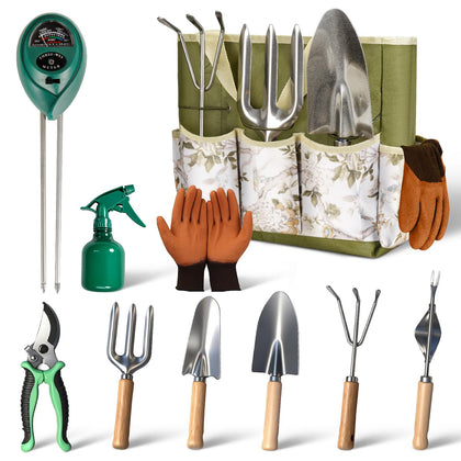 Chiyhshaa garden tool set with 10 pieces laid out for versatile tasks