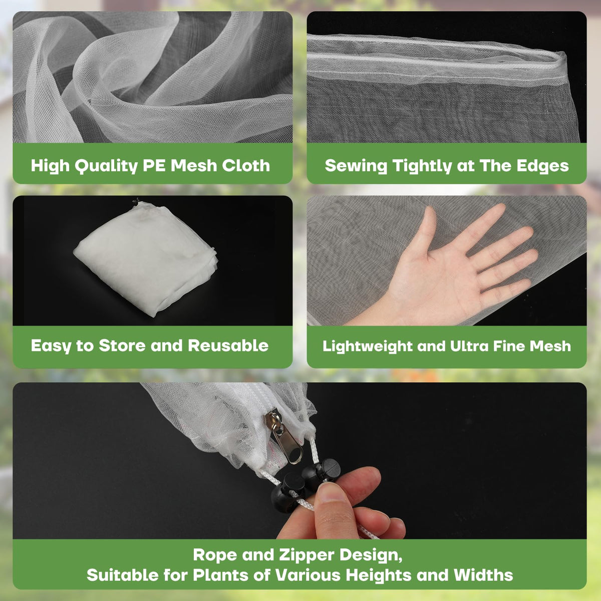 CHNENOMME durable polyethylene netting is lightweight and reusable for seasons.