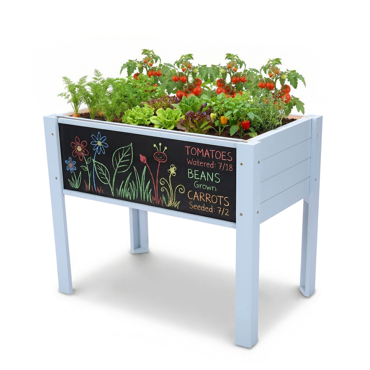 Chonsun Kids Raised Garden Bed with Chalkboard outdoors for creative planning.
