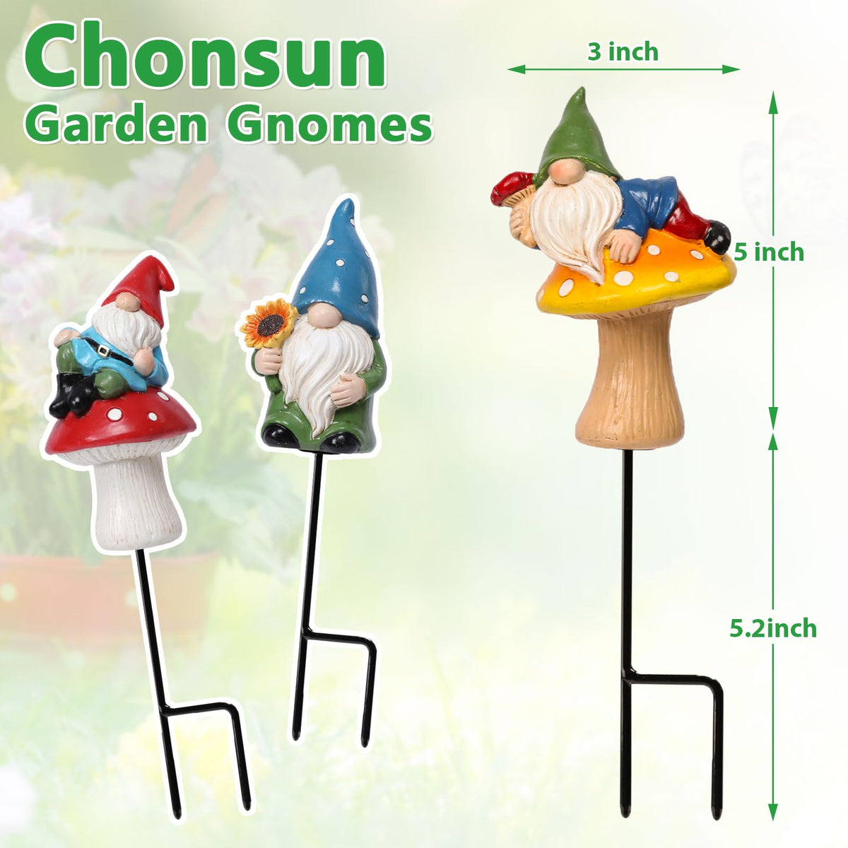 Chonsun resin gnome statues add color and whimsy to lawns and flower beds.