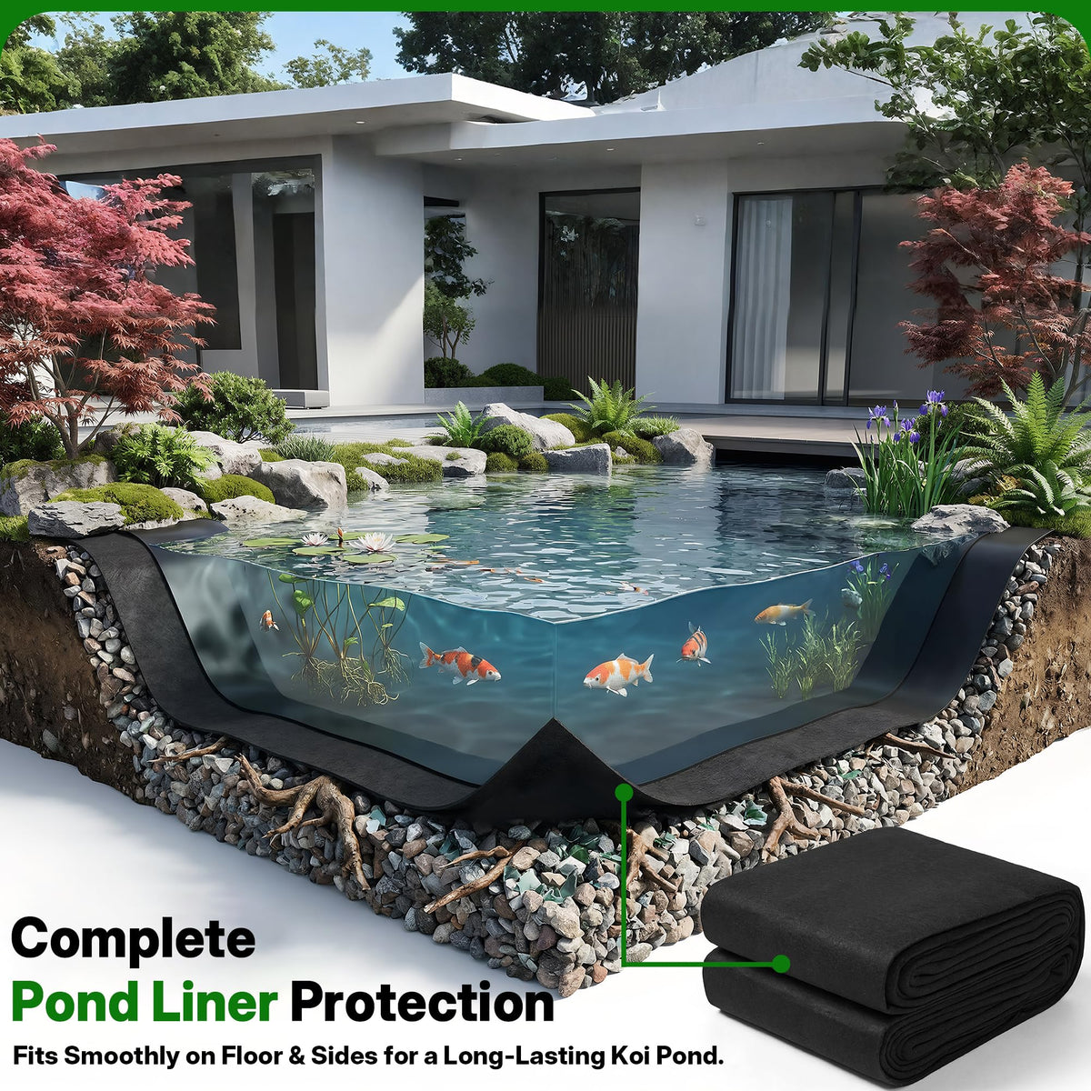 Chonway terrain-adapting fabric conforms to irregular pond shapes for easy installation.