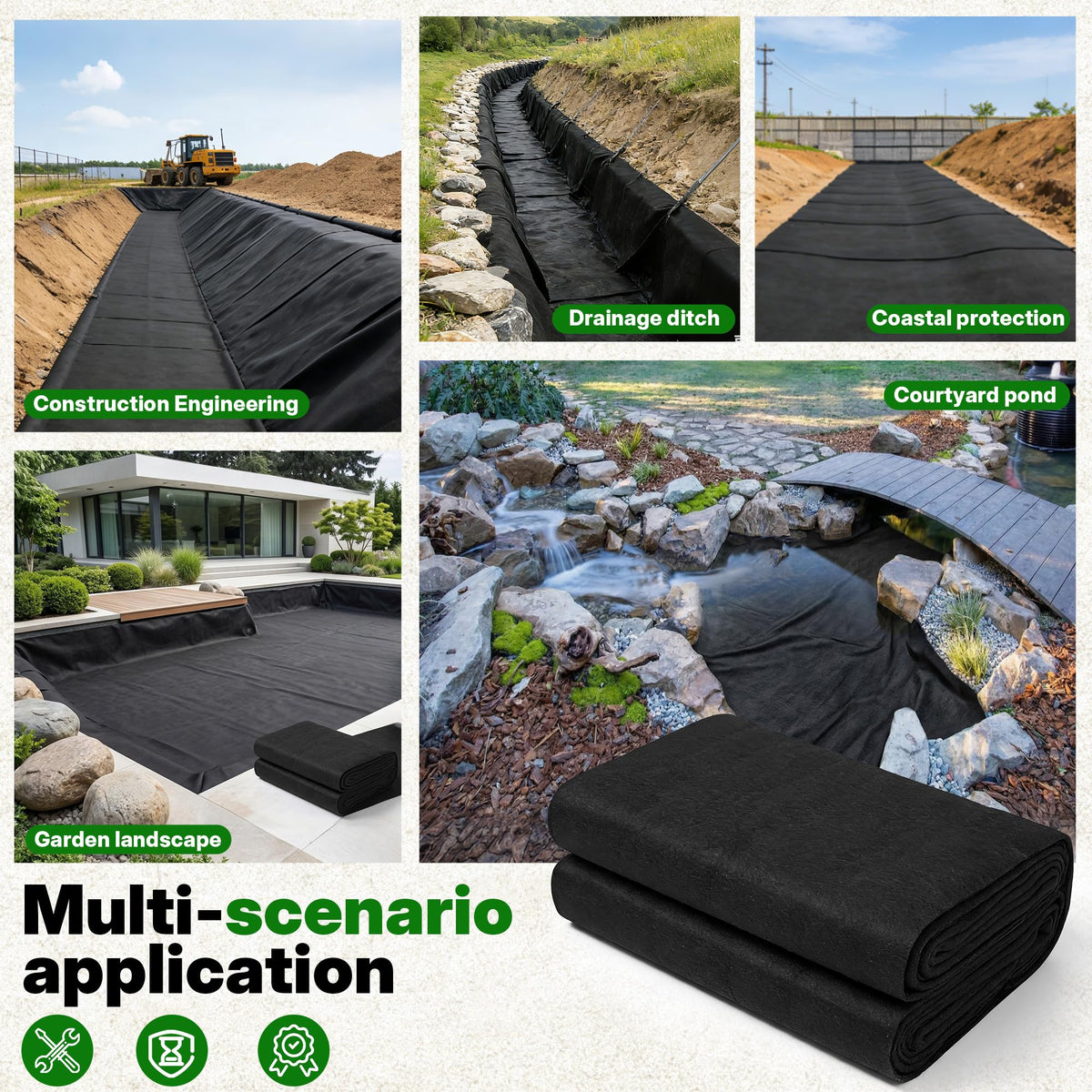 Chonway versatile underlayment suitable for koi ponds, garden ponds, and French drains.