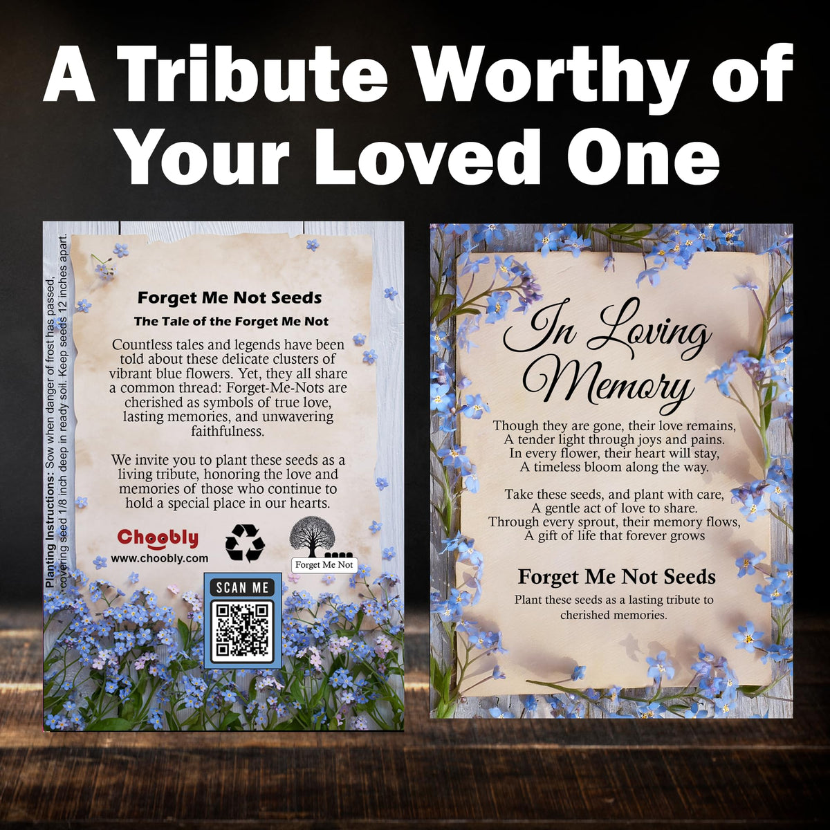 Choobly blue Forget Me Not seed packets ideal for take-home memorial gifts.