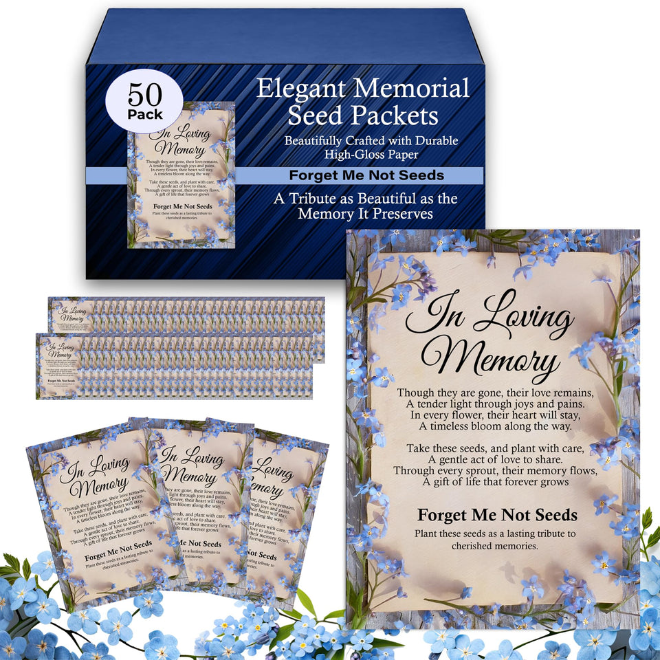 Choobly Forget Me Not seed packet with blue blooms for remembrance at celebrations.