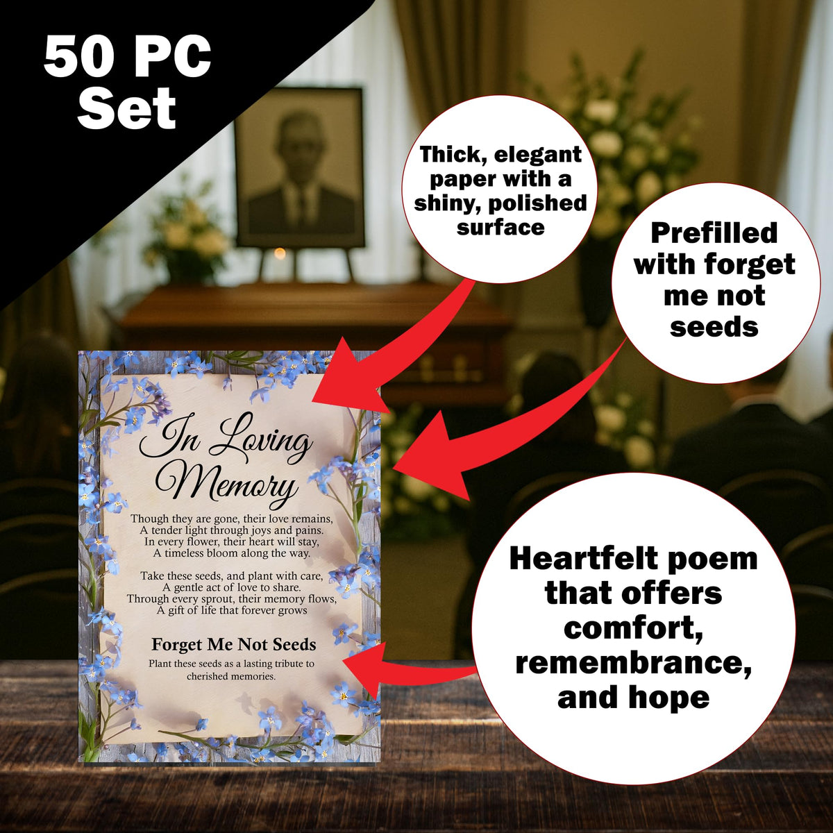 Choobly memorial seed packets enhance funeral centerpieces with blue flowers.