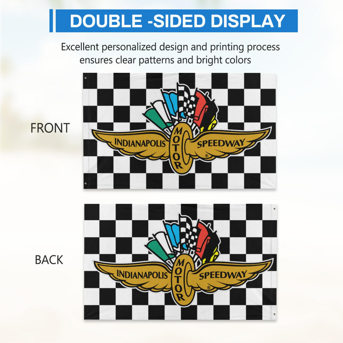 Choregon Indy flag double-sided printing ensures visibility from any angle.