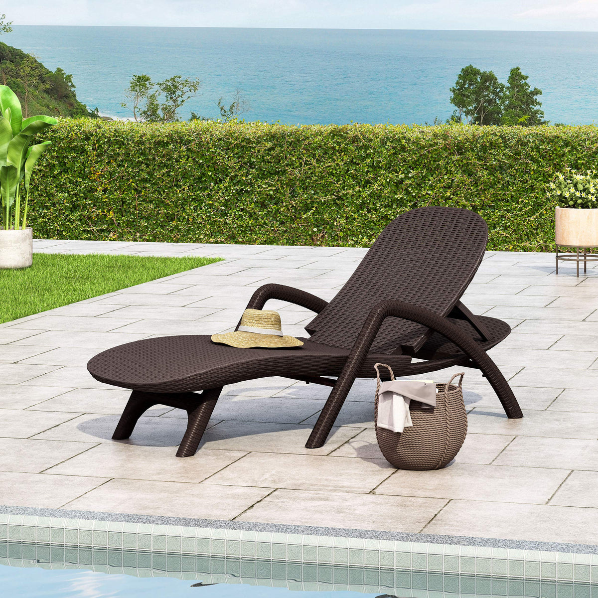 Christopher Knight Home Blanche outdoor chaise lounge front view shows dark brown resin finish