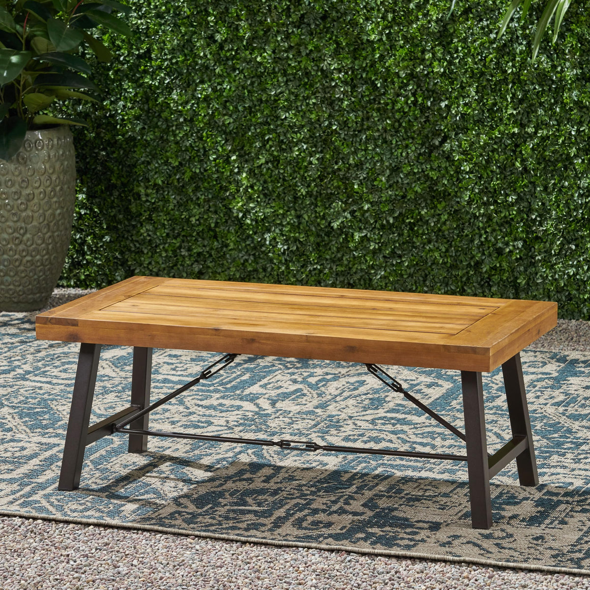 Christopher Knight Home Catriona coffee table side view highlighting rustic metal frame