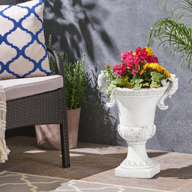 Jorine planter floral relief detail adds classic charm to outdoor space.