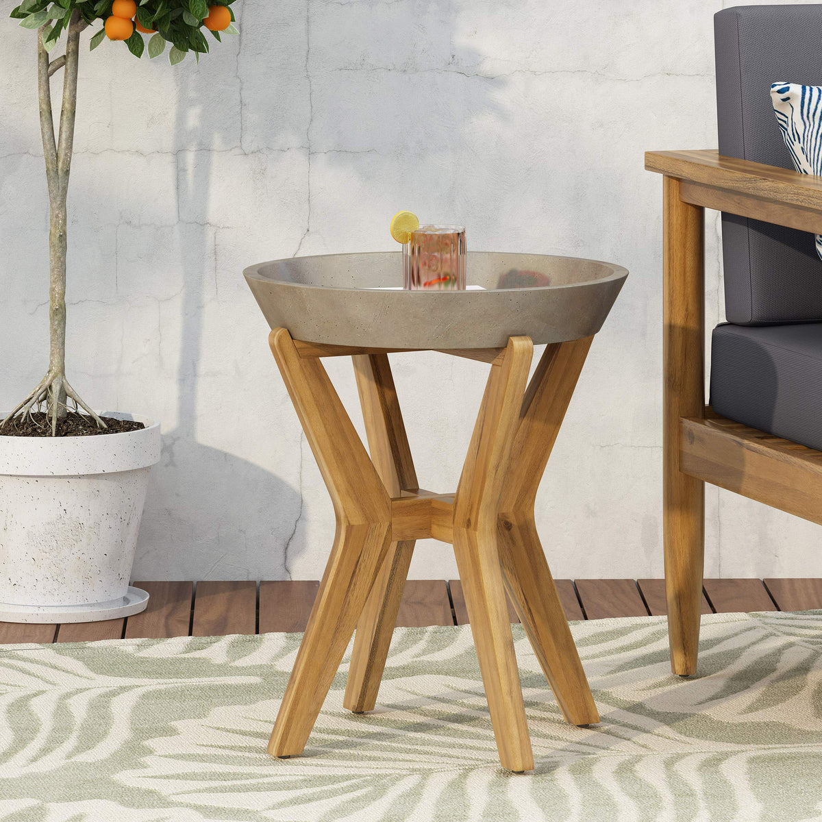 Oprah outdoor side table with acacia wood frame, durable for sunlit patios and poolside seating