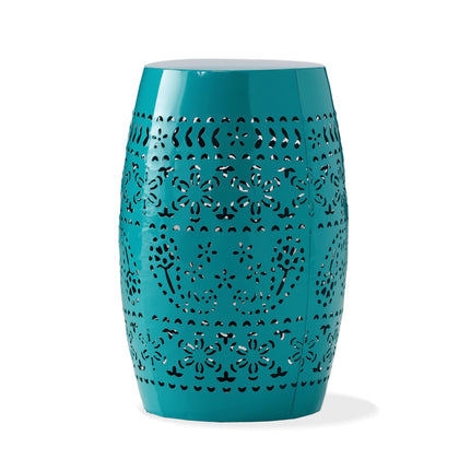 Christopher Knight Home Ruby outdoor 12-inch iron side table in teal, ideal for drinks on a patio.