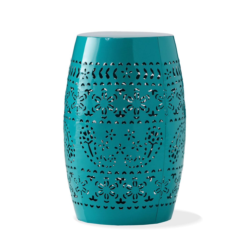 Christopher Knight Home Ruby outdoor 12-inch iron side table in teal, ideal for drinks on a patio.