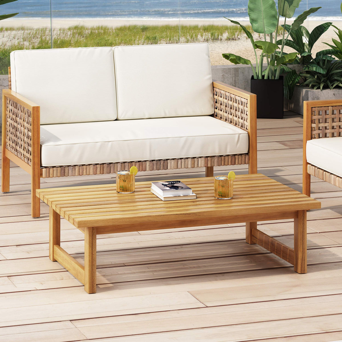 Timothy table with slat panel design for rustic outdoor style.