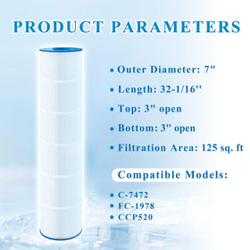 Chryseos pool filter CCP520 side view shows robust cartridge ends