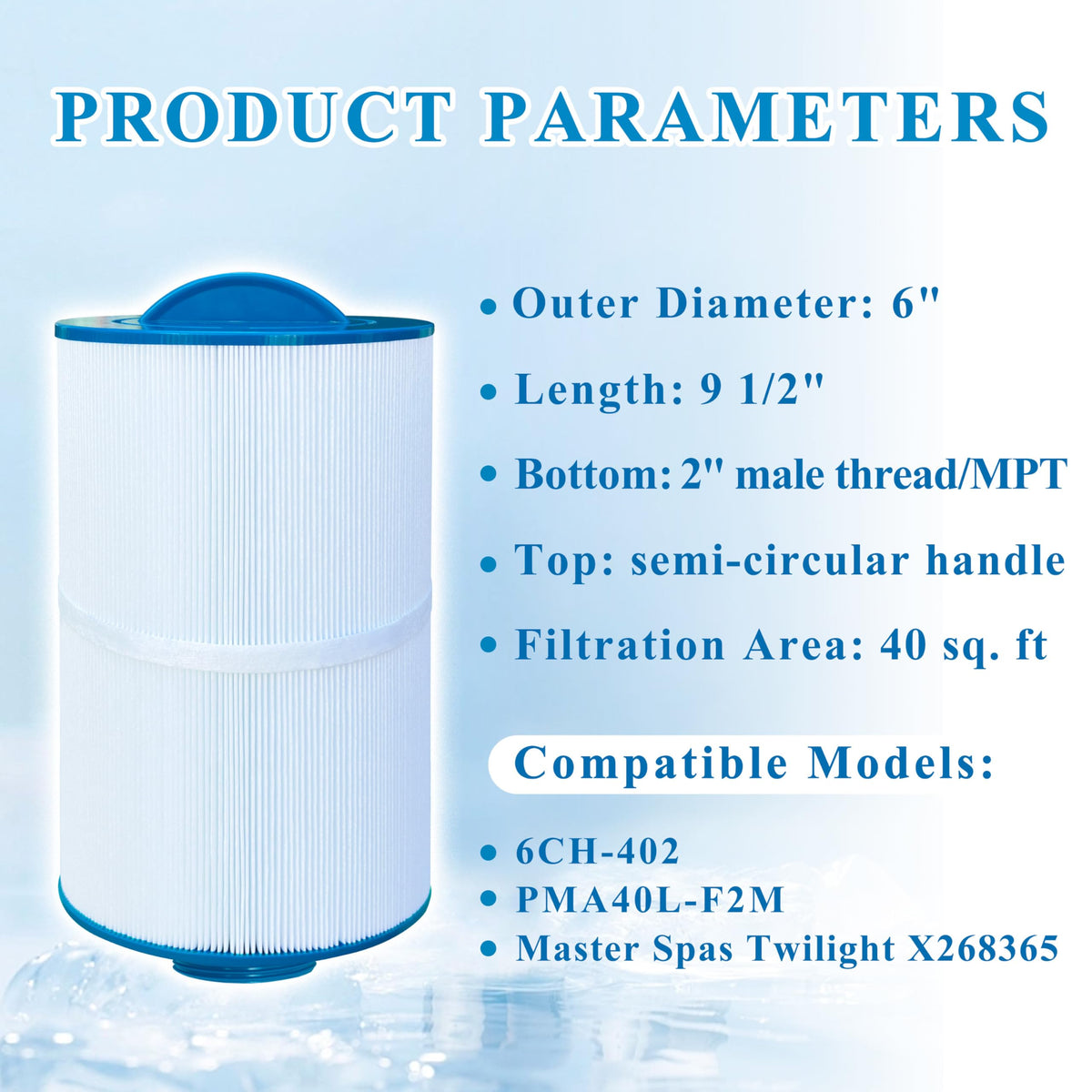 Chryseos spa filter provides 40 sq ft filtration area for efficient cleaning